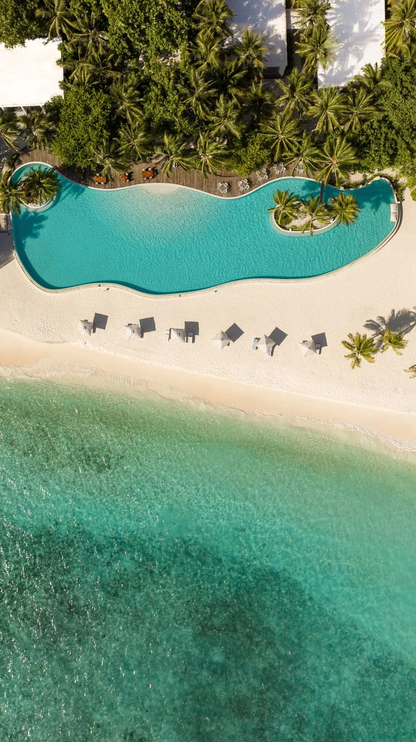 Der geschwungene Hauptpool direkt am Strand, gesäumt von Palmen und Sonnenschirmen.