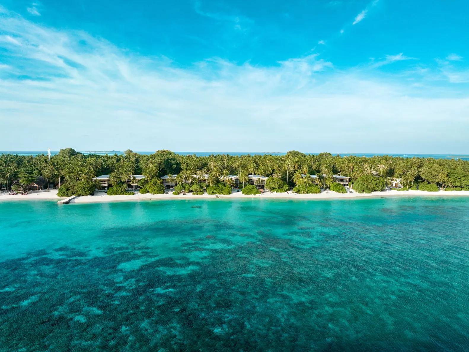 Strandfront von Amilla mit Beach Houses hinter Palmen und flacher Lagune.